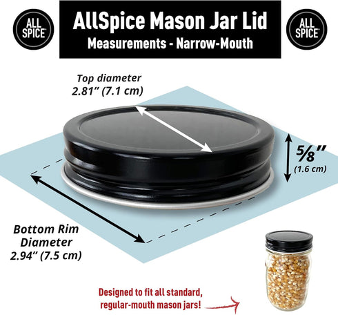 AllSpice Rust-Proof Narrow Mouth Aluminum Metal Mason Jar Lids Leak-Proof 12-Pack (Black)...