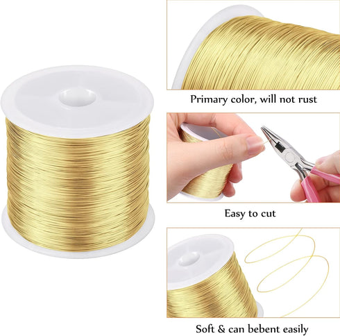 MIKIMIQI Jewelry Wire - 328Ft, 26 Gauge, Tarnish Resistant, Copper, 0.4mm X 100m (Gold)...