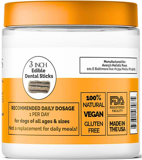Avery's Holistic Paws Probiotic Dental Stick Treats for Dogs - 23 Peanut Butter Edible Dog Chews, 3 Inches Each - Natural & Organic Dog Chew Stick...