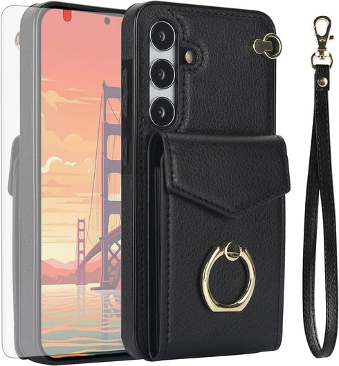 Asuwish Phone Case for Samsung Galaxy S24 Plus S24+ 5G Wallet Cover with Tempered Glass Screen Protector and RFID Blocking Ring Credit Card Holder...