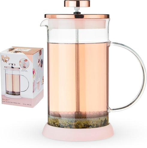 Pinky Up Riley Mini Glass Tea Press Pot, Coffee Maker, French Press for Loose Leaf Tea and Coffee, Hot or Iced Beverage Brewer, 12 oz, Pink...