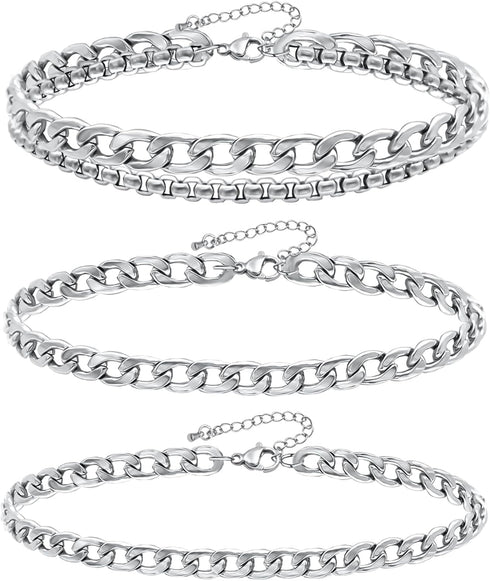 yfstyle 3PCS Silver Anklet for Women 14K Cuban Anklet Silver Ankle Bracelets for Women Stainless Steel Waterproof Cuban Link Anklets Set Layered A...
