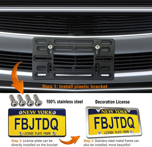 Front License Plate Mounting Kit- Stainless Steel License Plate Frame and Universal Bracket for No Drilling Hole Front Bumper, Car Tag Cover Adapt...