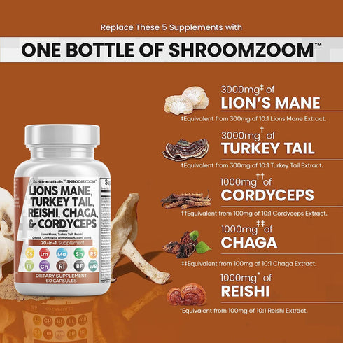 Clean Nutraceuticals Lions Mane 3000mg 20in1 Mushroom Supplement with Turkey Tail 2000mg Reishi 1000mg Cordyceps Chaga 1000mg Maitake Meshima Pori...