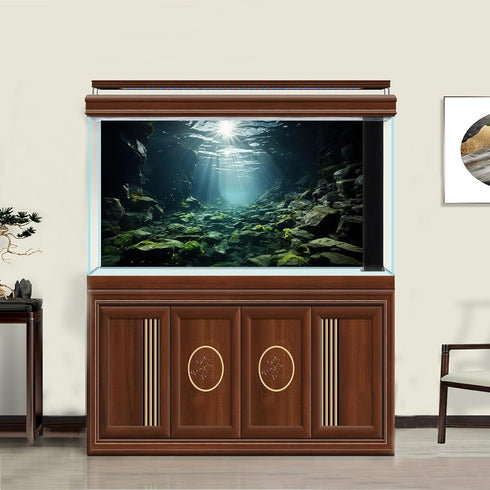 Aquarium Background Underwater Scene Dark Cave and Sunlight Rays Terrarium Background Undersea Rocks with Moss Aquarium Backdrop Fish Tank Decor V...