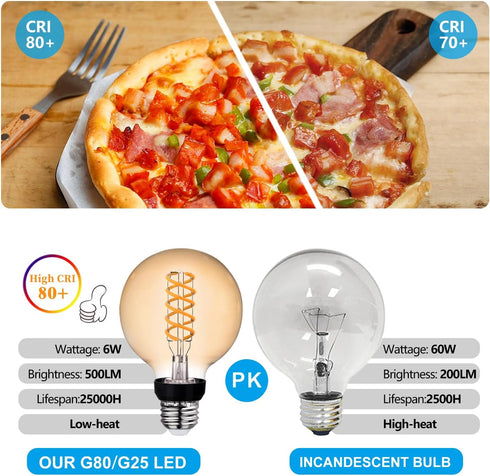 6 Pack G25/G80 Globe LED Light Bulbs, 6W Dimmable 60 Watt Equivalent LED Edison Bulbs, Warm White 2500K, 600LM, E26 Base, Clear Glass Edison LED B...