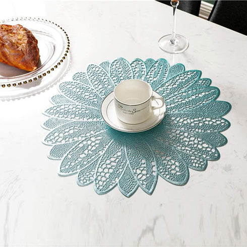 Round Placemats Set of 4 Pressed Vinyl Metallic Blue Place Mats Wipe Clean for Dinner Table, Heat Resistand PVC Tablemats Home Decor Non Slip Plac...