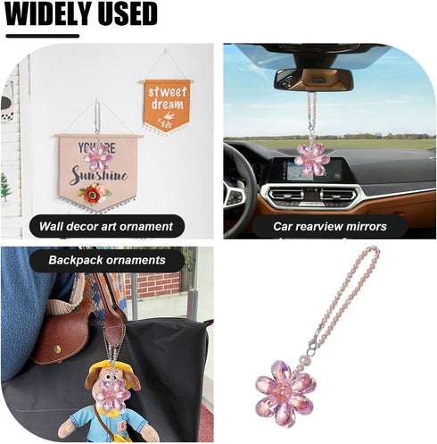 Crystal Flower Car Pendant, Car Rear View Mirror Charm Decor Hanging Ornament, Car Interior Accessories for Women (Pink Flower)...