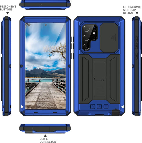 Samsung Galaxy S22 Ultra 5G 2022 Rugged case with Screen Protector Stand Camera Slide Cover for Samsung S22 Ultra Metal Military Sturdy Armour Sho...