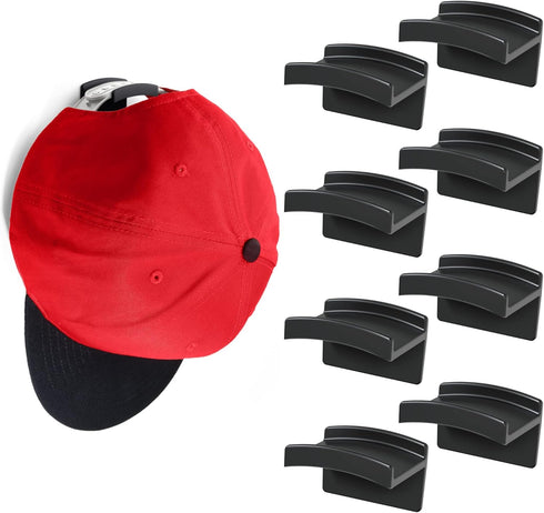 Modern JP Adhesive Hat Hooks for Wall (8-Pack) - Minimalist Hat Rack Design, No Drilling, Strong Hold Hat Hangers - USA Patented, Black...