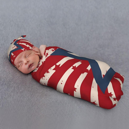 Star Stripes Baby Swaddle Blanket with Beanie Set, Newborn Receiving Blankets 35.4"X 35.4" USA Flag Soft Swaddle Wrap Baby Stuff for Infant Boy Gi...