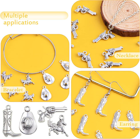 80pcs Antique Silver Western Cowboy Theme Charms Vintage Alloy Mixed Western Horse Boot Gun Pendants Charms for DIY Bracelet Necklace Earrings Jew...