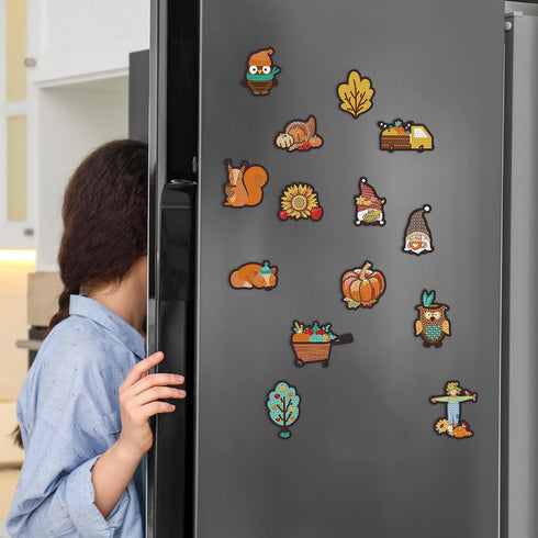 Copkim 16 Pcs 5 D Diamond Painting Magnets Kit Fall Theme Thanksgiving Gnome Decoration Diamond Painting Refrigerator Magnets Fridge Stickers Supp...