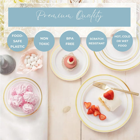 premium hard plastic round white plates 7in white with gold rim Heavyweight Dinnerware Set Dessert Salad Plates Appetizer utensils for Wedding and...