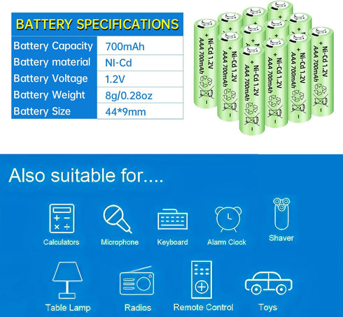 12PCS 1.2V 700mAh Ni-Cd AAA Rechargeable Battery for Garden Lights, Outdoor Solar Lights, Calculators, Children's Toys, Alarm Clocks, Flashlights ...