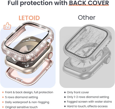 LETOID 40mm Bling Waterproof Screen Protector Case for Apple Watch Series SE 6 5 4, 2 in1 Front & Back Face Cover, Diamond Women Protective Bumper...