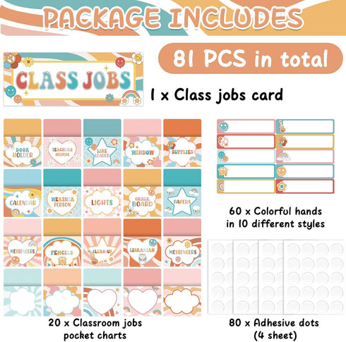 ZOiiWA 81pcs Groovy Class Jobs Bulletin Board Hippie Themed Classroom Jobs Pocket Chart Set Teacher's Helper Chalkboard Decor Classroom Bulletin B...
