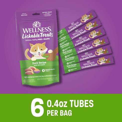 Wellness Lickable Treats Soft Puree Natural Grain Free Adult Cat Treats, Duck Recipe, Contains 6-0.4 Ounce Squeezable Tubes...