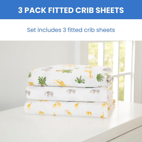 Delta Children Fitted Crib Sheets for Girls and Boys - Crib Sheet for Standard Crib and Toddler Mattresses - 28x52 Inch (Pack of 3), Safari Friend...