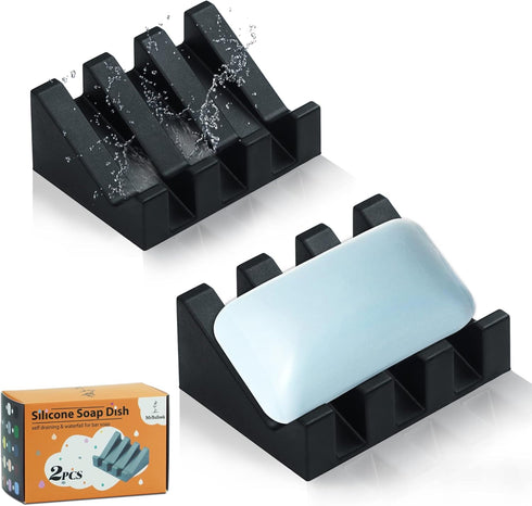 Silicone Soap Dish for Bar Soap Holder for Shower Bathroom Self Draining Waterfall Drying Tray Keep Soap Bars Dry Clean & Easy Cleaning (2, Black)...