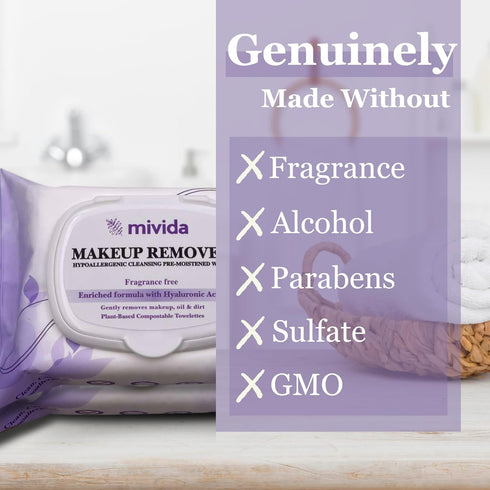 mivida Hypoallergenic Makeup Remover Wipes | 2 Pack of 25 Count | Facial Cleansing Makeup Remover Face Wipes with Hyaluronic Acid | Fragrance Free...