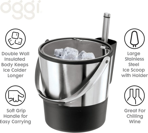Oggi Insulated Ice Bucket, 4 Quart / 3.8 L, Stainless Steel, Black....