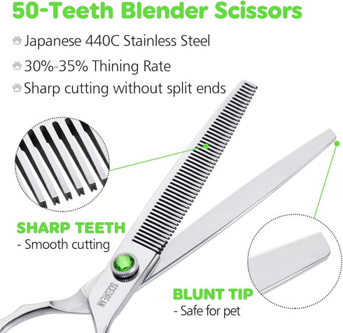 Dog Grooming Scissors 7.4" 50 Teeth Professional Thinning Scissors 440C Stainless Steel Pet Grooming Thinning Blending Shears with Offset Handle a...