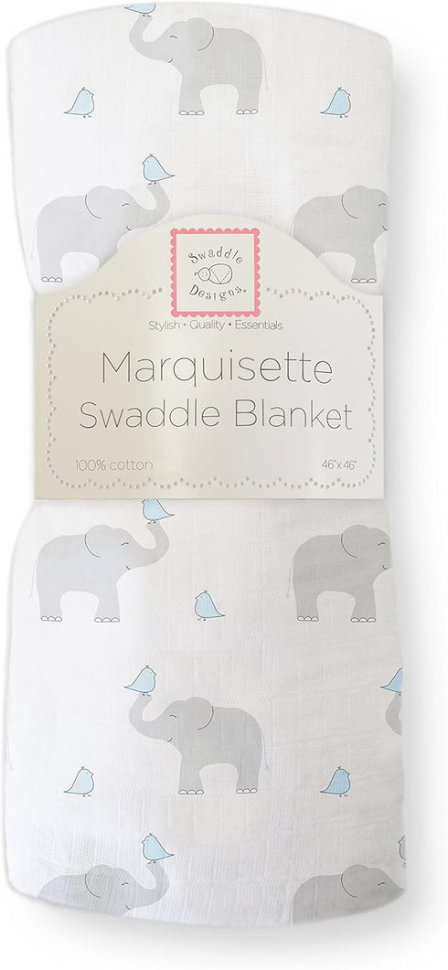 SwaddleDesigns Marquisette Receiving Swaddle Blanket for Baby Boys & Girls, Soft Premium Cotton Muslin, Best Shower Gift, Elephant and Pastel Blue...