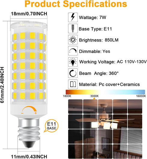 E11 Led Bulb Dimmable, 75 Watt Halogen Equivalent, 7W Warm White 3000K, T4 Mini Candelabra Base, JDE11 120V 75W for Ceiling Fans, Chandeliers, Cab...