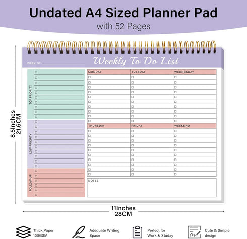 Weekly To Do List Notepad with 52 Undated Sheets?8.5"×11"?- Weekly Desk Planner Pad with Spiral Binding for Women & Man, Office, School and Home P...
