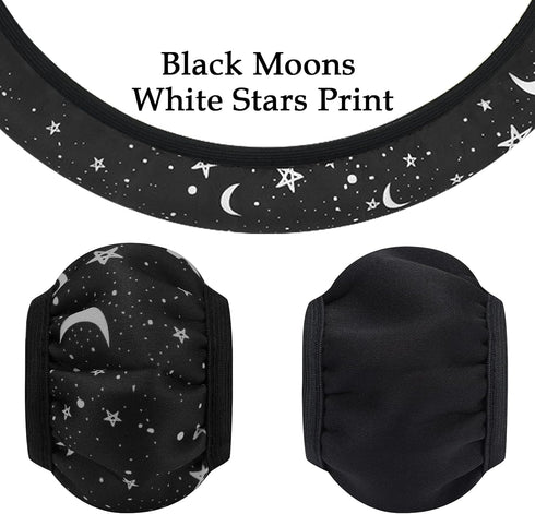 4 Pieces Black Moons White Stars Print Car Accessories Set Black Moons White Stars Steering Wheel Cover with 2 Pieces Car Cup Holder and Leather K...