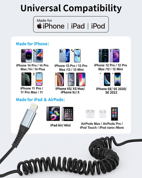 Coiled Lightning Cable, 2 Pack Coiled iPhone Charger Cable for Car Short Retractable iPhone Lightning Cable Compatible with Apple CarPlay iPhone 1...