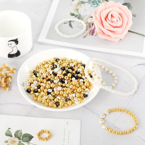 Whaline 1500Pcs Gold Spacer Beads Kit 10 Styles Bracelets Making Beads Assorted Gold White Black Spacer Beads Star Flat Beads Alphabet Letter Bead...