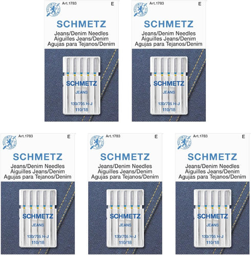 SCHMETZ Jean & Denim Sewing Machine Needles - Precision Needles for Heavy Fabric, Size 110/18, 5-Needle Cards, Pack of 5...