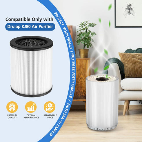 KJ80 Replacement Filter Compatible with Druiap KJ80 Air Purifier, 360° Rotating 3-in-1 Filter of H13 True HEPA Filter, Activated Carbon and Pre-fi...