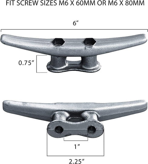 6" Dock Cleats | Weatherproof Galvanized Cast Iron 6 Inch Boat Cleat Tie Downs for Marine Pier or Decorative Nautical Maritime Decor | 4, 8 or 16 ...