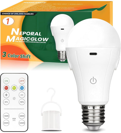 Neporal MagicGlow Rechargeable Light Bulbs with Remote, 3 Colors Shift + Dimmable Battery Powered Light Bulbs, USB Rechargeable, A19 Emergency LED...