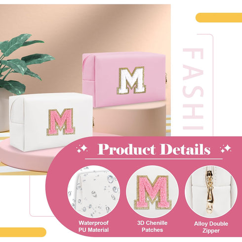 Personalized Makeup Bag Initial A-Z Preppy Patch Bag,Small PU Leather Travel Cosmetic Bag Pouch with Zipper,White Cute Toiletry Bag,Gift Ideal for...
