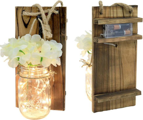 Greenco GRC2859 Wall Hung Mason Jar Sconce with Faux Flower and Led Strip Lights, Rustic...