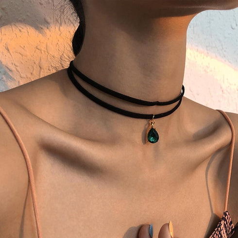 Vintage Layered Suede Choker Necklace Green Teardrop Clavicle Necklace Black Velvet Choker Necklace Cz Emerald Pendant Necklace Collar Jewelry for...