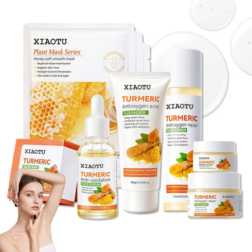 Turmeric Face Care Set with Hydrating Honey Face Masks,Skincare Gift Set Include Turmeric Cream,Cleanser,Face Serum,Toner,Eye Cream,Turmeric Soap,...