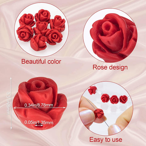 OIIKI 100PCS Cinnabar Carved Rose Beads, 8mm Red Rose Charm for Jewelry Making, Flower Carving Loose Beads...