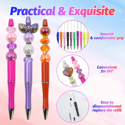 150 Pieces DIY Beadable Pens Kit - 50 plastic Beadable Pens Bulk, Refills & pen bags Included - Beaded Pens Black Ink Ballpoint Cute Pens for Stud...