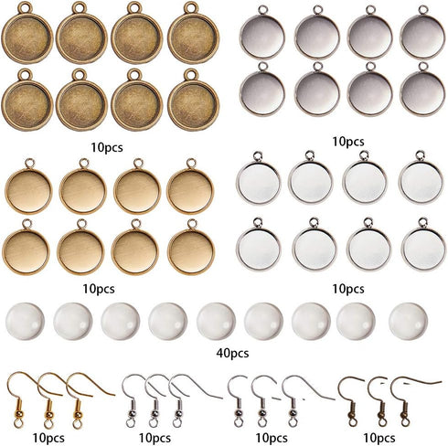 SUNNYCLUE 1 Box DIY 20 Pairs Cabochon Earrings Making Kit 40pcs Earring Bezel Earring Settings with 40pcs 12mm Clear Glass Cabochons, Earring Hook...