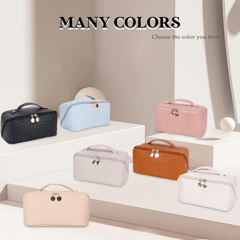 Travel Makeup Bag, Large Capacity Cosmetic Bags, Portable Makeup Organizer Bag, PU Leather Waterproof Cosmetic Bag Flat Toiletry Bag with Divider ...