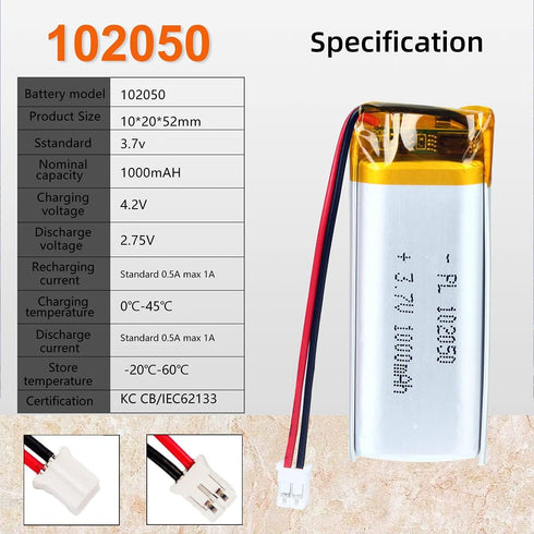 3.7V 1000mAh 102050 Lipo Battery Rechargeable Lithium Polymer ion Battery Pack with PH2.0mm JST Connector...