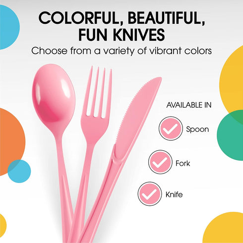 Exquisite Disposable Pink Plastic Knives 50 Pcs - Heavy Duty Pink Plastic Disposable Cutlery - Pink Disposable Flatware, Pink Plastic Silverware, ...