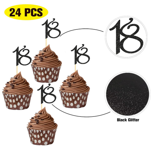 Sumerk 24PCS 18 Cupcake toppers Black Glitter 18th Birthday Cupcake Picks Anniversary Party Decorations...