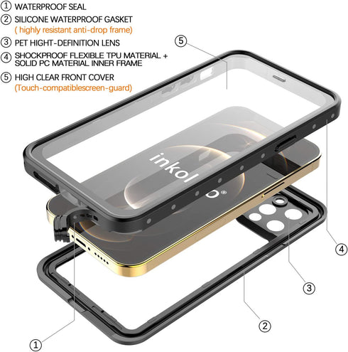 inkolelo Compatible with iPhone 12 Pro Waterproof Case, Built-in Screen Full-Body Protector with Floating Strap IP68 Waterproof Case for iPhone 12...