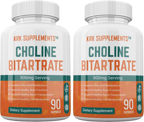 2 Bottles Choline Bitartrate 900mg Per Serving 180 Total Capsules KRK Supplements...